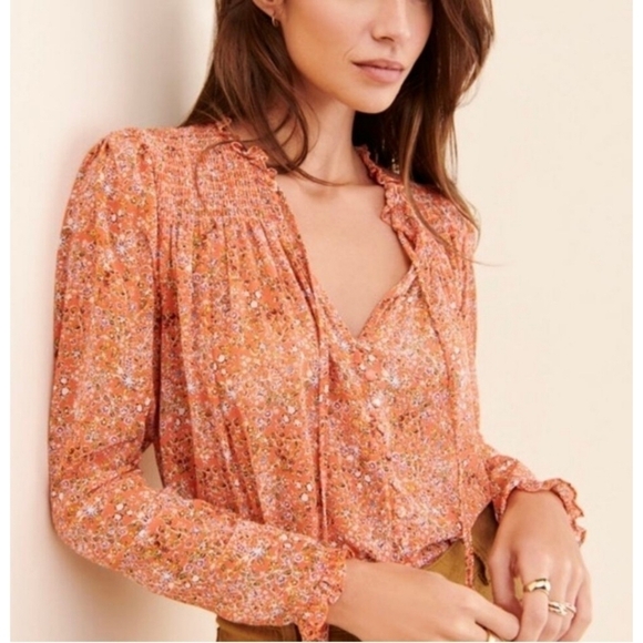 Free People Lela Floral Smocked Chiffon Peasant Blouse size small - Picture 1 of 10